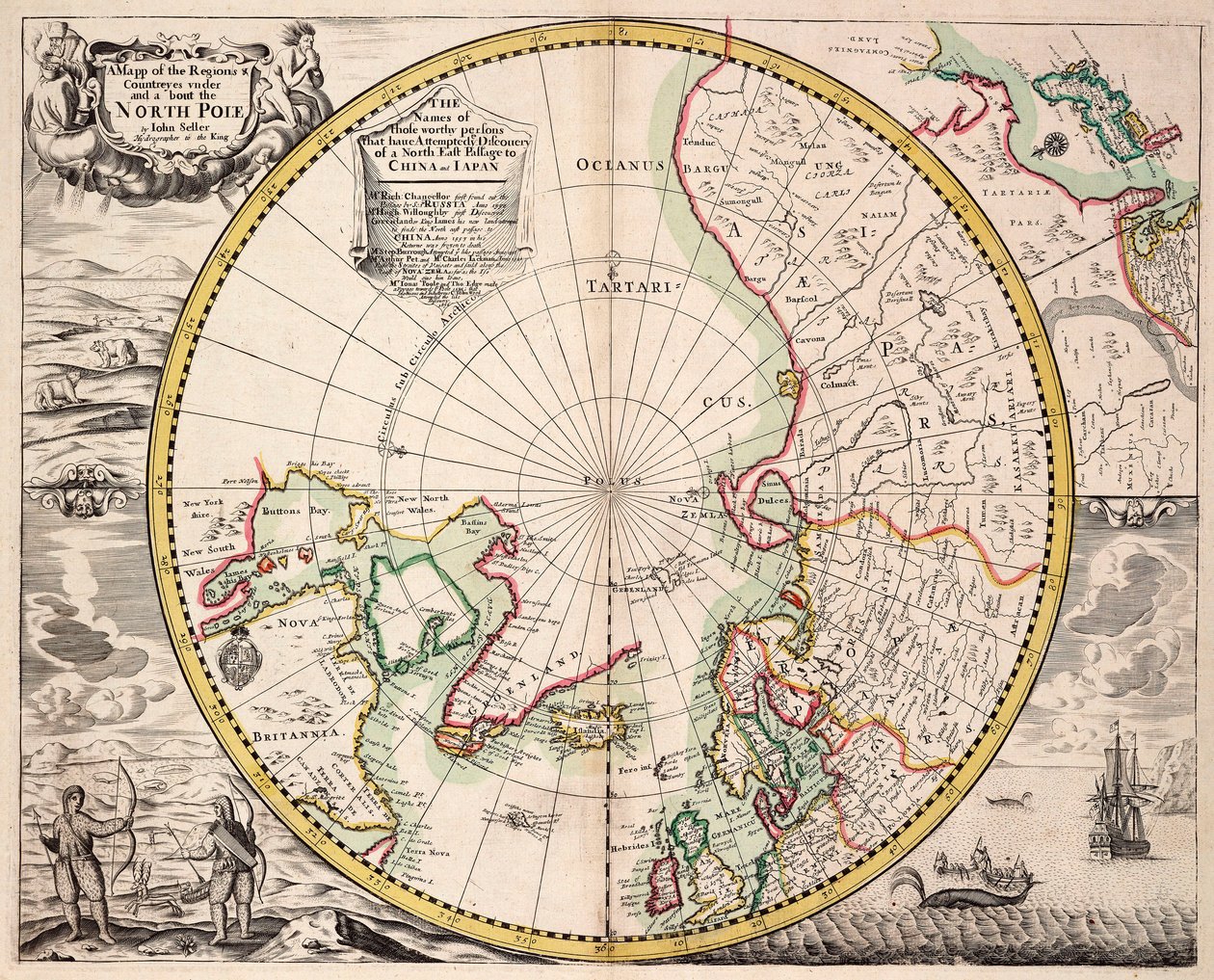 北極圏が描かれた北極投影図、1680年頃（彩色済みエングレーヴィング） 作： ジョン・セラー