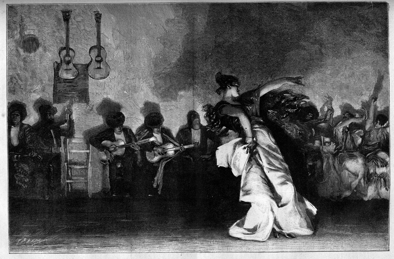 El Jaleo - ジプシーの踊り。ギタリストとフラメンコの踊り子。ジョン・シンガー・サージェント（1856-1925）による絵画の後のエングレーヴィング（10月28日付「The Illustrous World」n°1335 作： ジョンシンガー（後）サージェント