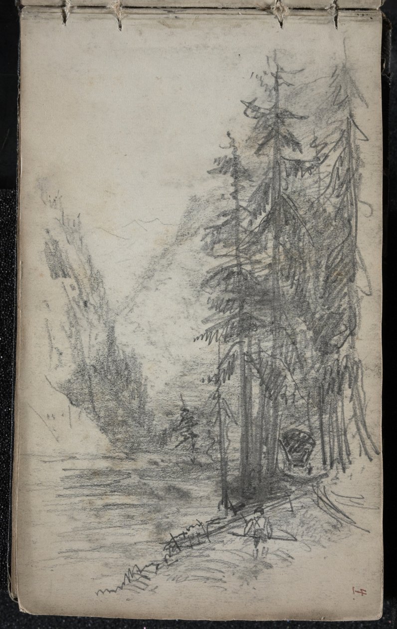 木々のある山の風景、1871-72年（暗くオフホワイトの紙の上に黒鉛を塗ったもの） 作： ジョン・シンガー・サージェント