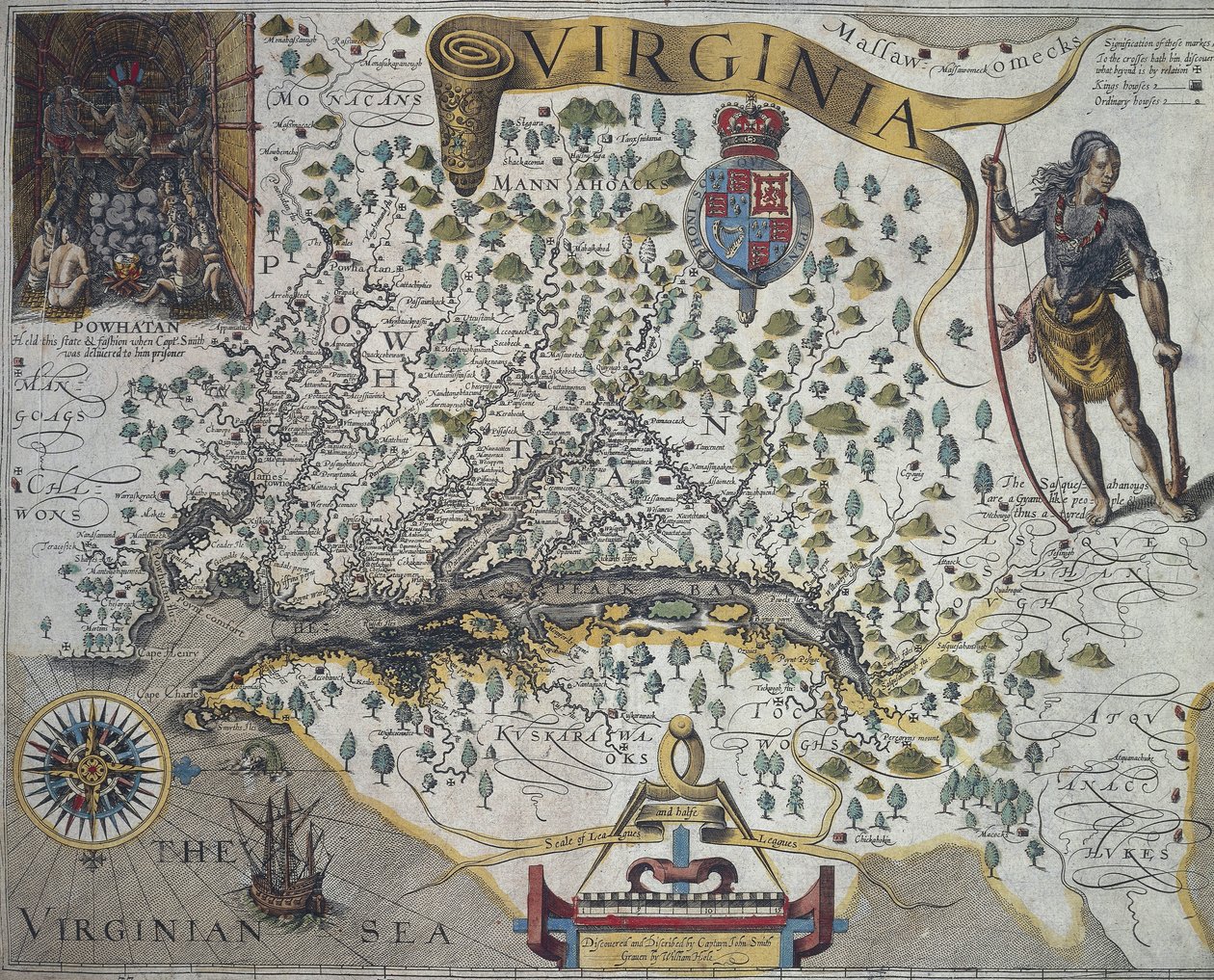 バージニア州の地図: ジョン・スミス (1580-1631) 作のインディアン酋長ポウハタンの小屋の内部を示す差し込み図 (左上) 作： ジョンスミス