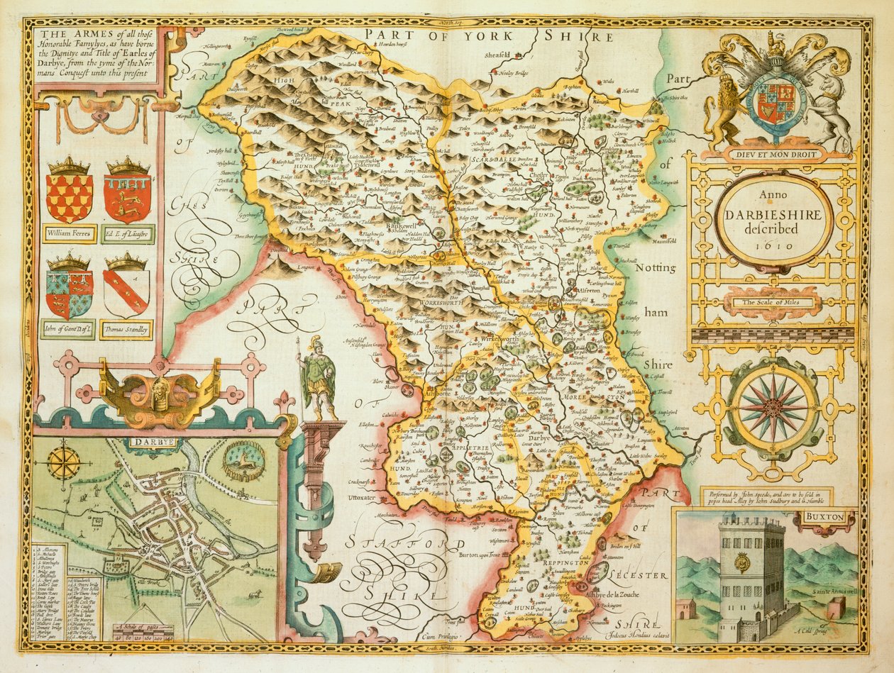 「The Theatre of the Empire of Great Britain」からのダービーシャー郡の地図 作： ジョン・スピード