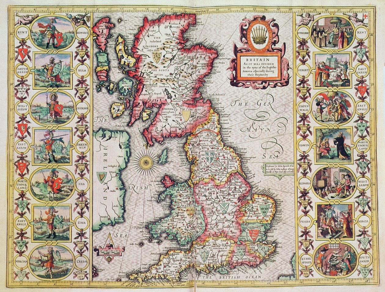 イギリスのサクソン人のタイムで特にヘプタキアの間に分割されたイギリス（手彩色の銅版画） 作： ジョン・スピード