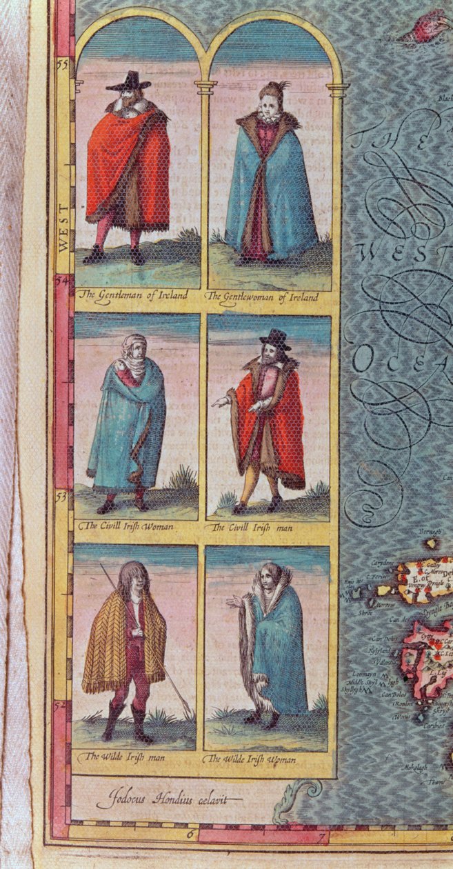 アイルランドの「タイプ」、アイルランドの王国からの詳細、ジョドカスホンディウス（1563-1612）によって刻まれた、「英国帝国の劇場」パブから。ジョン・サドベリーとジョージ・ハンブル、1610年 作： ジョン・スピード