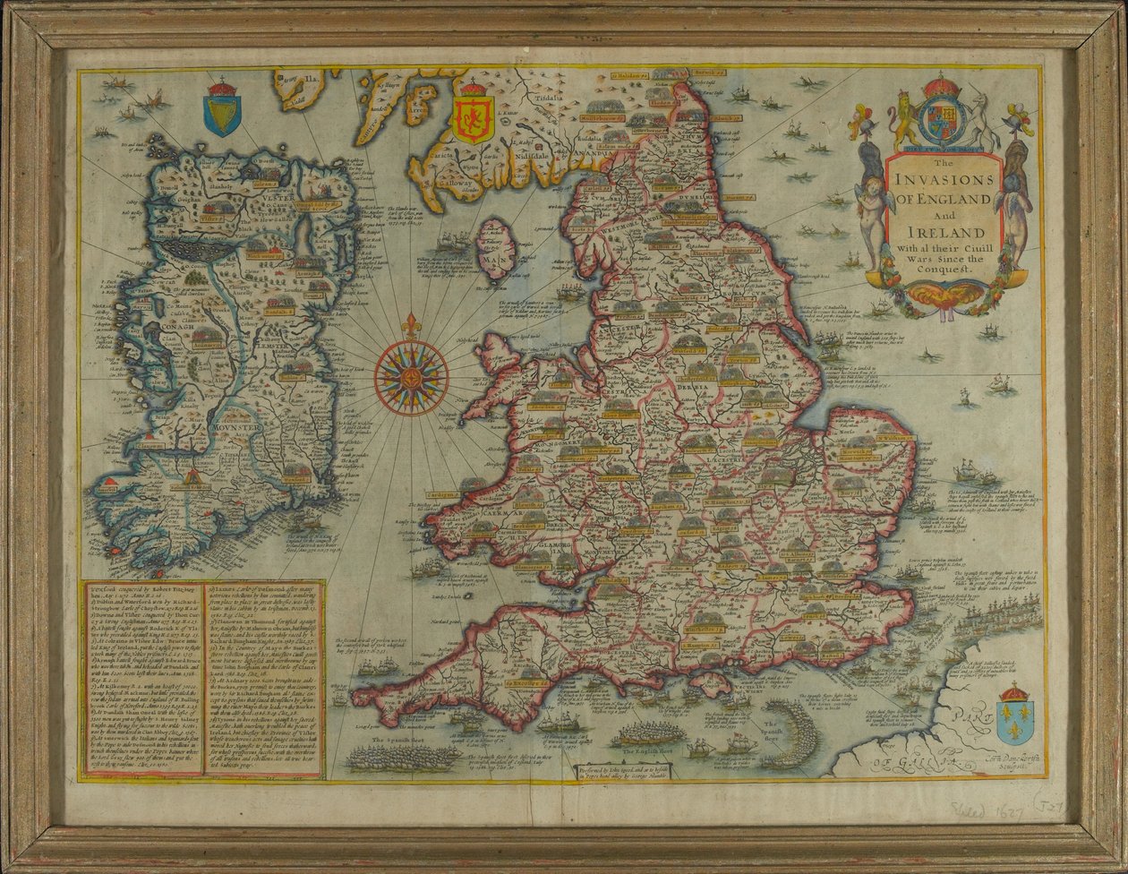 イングランドとアイルランドの侵略を描いた地図、アル[原文のまま]征服以来のシビル戦争[1627年]、c.1627（手描きの彫刻） 作： ジョン・スピード
