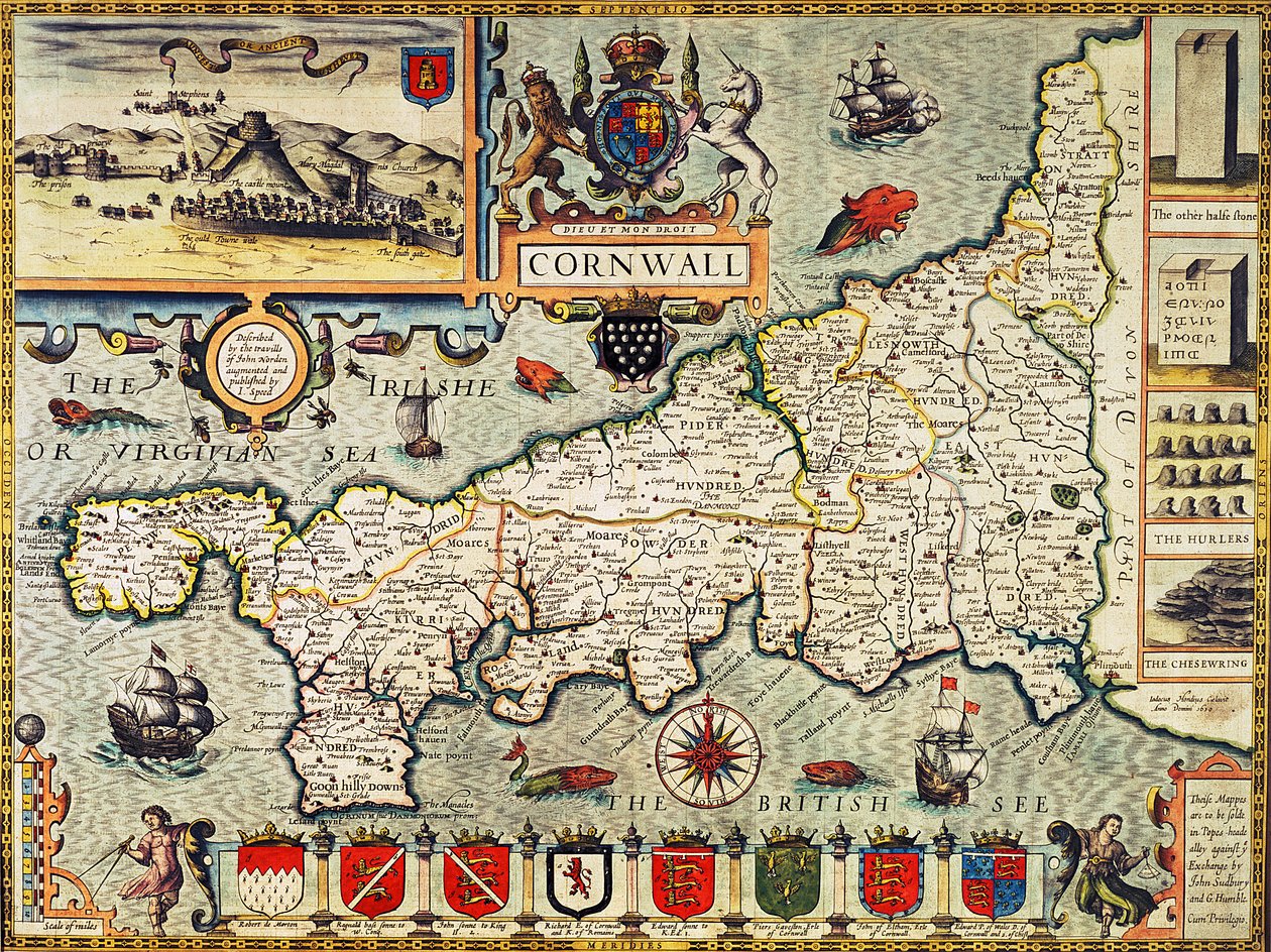 パブ「イギリス帝国の劇場」からコーンウォールの地図。ジョージハンブルによるロンドンでの1627年版（手描きの彫刻） 作： ジョン・スピード