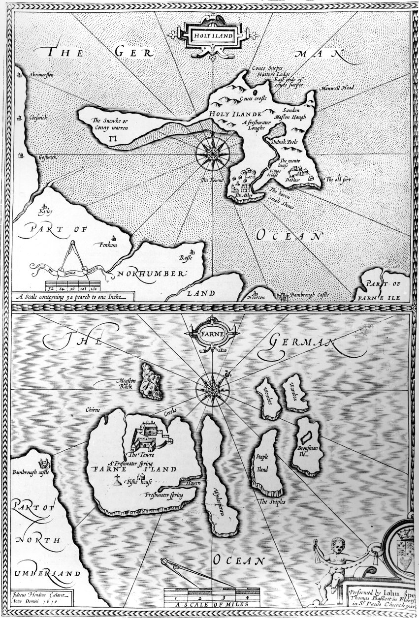 ジョンスピードの「イギリス帝国劇場」からのノーサンバーランドのホーリー島とファーン島の地図、1676年 作： ジョン・スピード