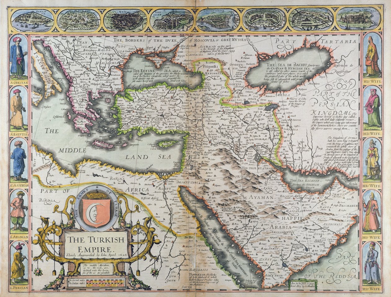 「世界の最も有名な部分の展望」からのトルコ帝国、ジョージ・ハンブルのためにジョン・ドーソンによって印刷された、1627年（手彩色の彫刻） 作： ジョン・スピード