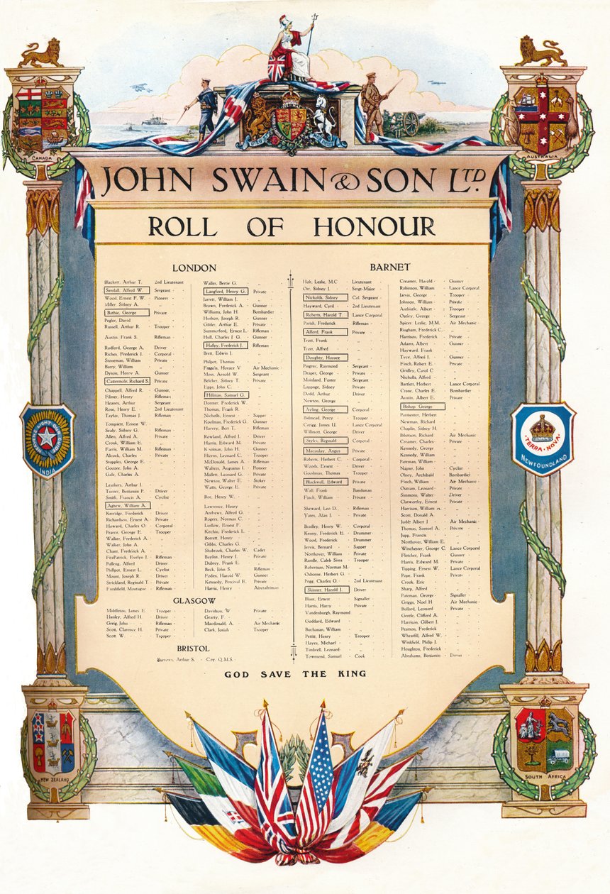 John Swain＆Son Ltd. 1917年の名誉のロール 作： ジョン・スウェインと息子