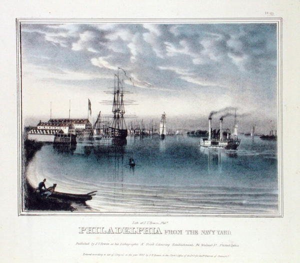 海軍工廠から見たフィラデルフィア、1840年頃（カラーリトグラフ） 作： ジョン・T・ボウエン