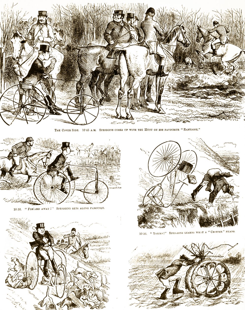 三輪車に乗って狩りをしている男を描いた漫画。ジョン・テニエル（1820-1914）が描いたもので、イギリスのイラストレーター、グラフィック・ユーモリスト、政治漫画家である。 作： ジョン・テニエル