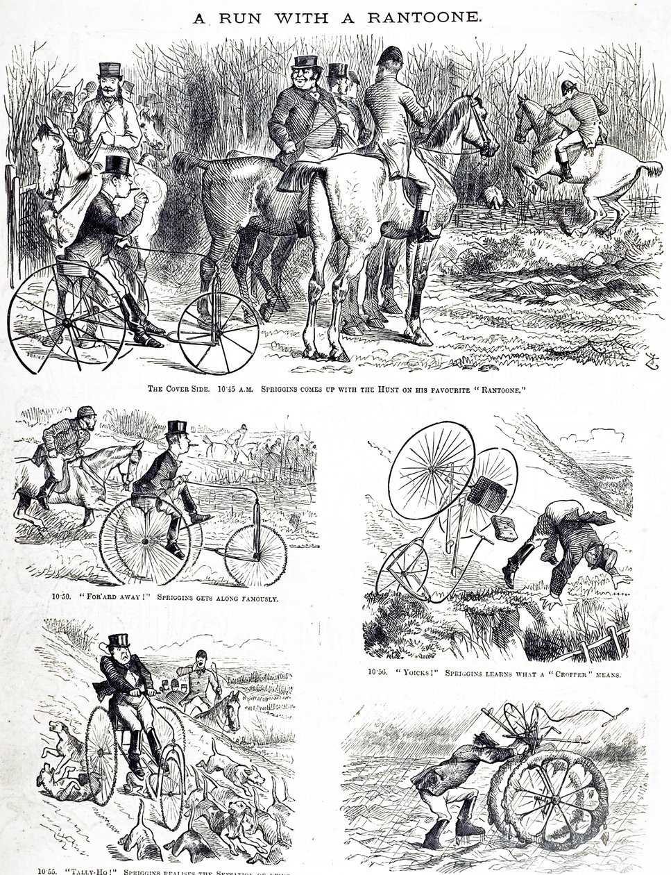 三輪車に乗って狩りをしている男を描いた漫画。ジョン・テニエル（1820-1914）が描いたもので、イギリスのイラストレーター、グラフィック・ユーモリスト、政治漫画家である。 作： ジョン・テニエル