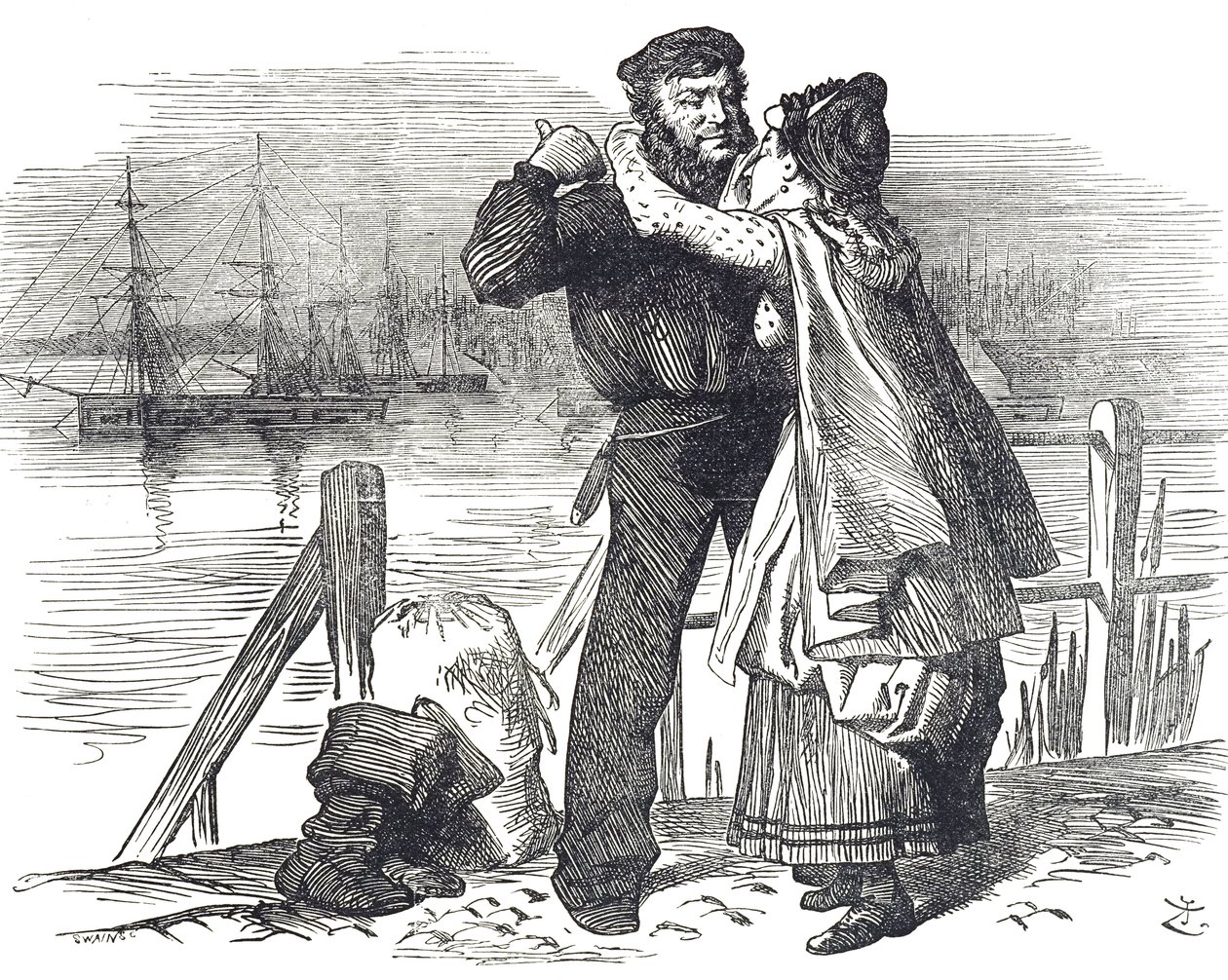 イギリスの政治家であり社会改革者であるサミュエル・プリムソル（1824-1898）が、ダービー議員時代に商船の積載量や耐航性を規制する法案を提出したことに敬意を表して、船員からの賛辞が寄せられました。 作： ジョン・テニエル