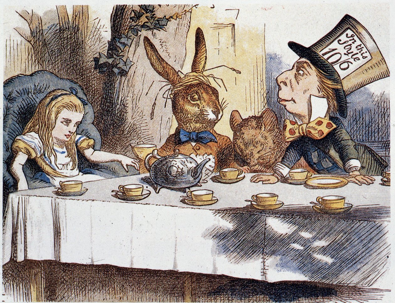 アリスは "in the fools "を取る-ルイス・キャロルの「不思議の国のアリスと鏡の国のアリス」に登場する、ジョン・テニエル（1820-1914）のイラスト。 作： ジョン・テニエル