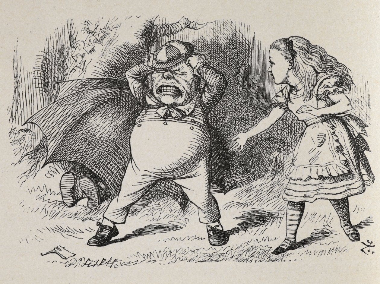 怒っている Tweedledum と Tweedledee を隠しているアリス。 作： ジョン・テニエル