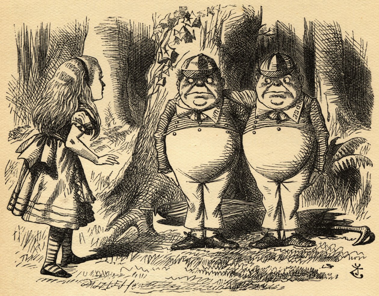Alice with Tweedledum and Tweedledee.イラスト：Sir John Tenniel 作： ジョン・テニエル