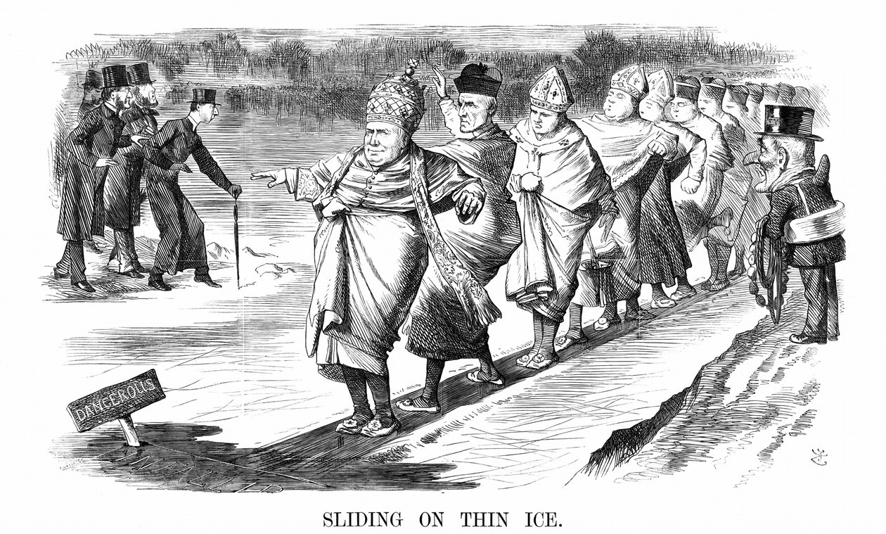 ニューマンをはじめとするイギリス人のローマへの改宗者たちが薄氷を踏むように滑っている一方で、左ではピュージーと彼のアングロ・カソリックの「儀式主義」の友人たちが、身を投じる前に氷を試している。John Tenniel cartoon from Punch London 1869. 作： ジョン・テニエル