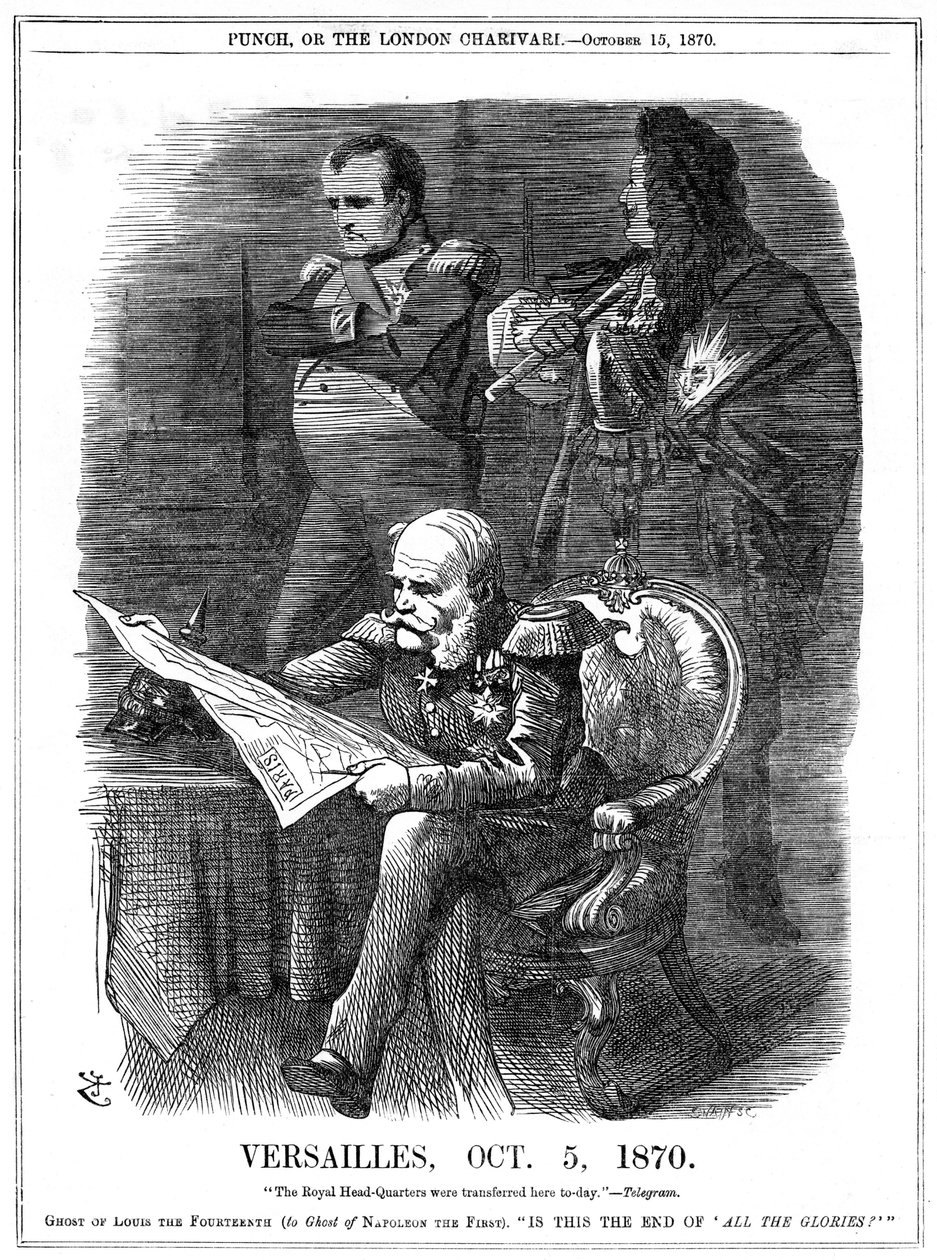 普仏戦争1870-1871。フランスの栄光の衰退を嘆くルイ14世とナポレオン1世の影。1870年10月5日、プロイセン王ウィルヘルム1世はヴェルサイユ宮殿を本拠地とし、1月18日には鏡の回廊でドイツ皇帝として宣言された 作： ジョン・テニエル