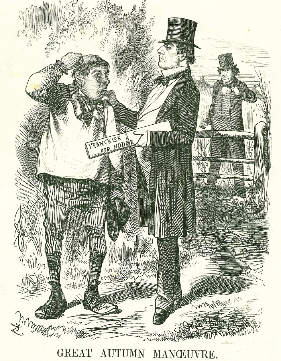 Großes Herbstmanöver: Gladstone dachte, dass schließlich das Wahlrecht den Landarbeitern (Hodge) gegeben werden müsse. Zu dieser Zeit war seine Amtszeit wackelig und Disraeli wartete darauf, seinen Platz einzunehmen. John Tenniel Karikatur aus Punch, Londo von John Tenniel