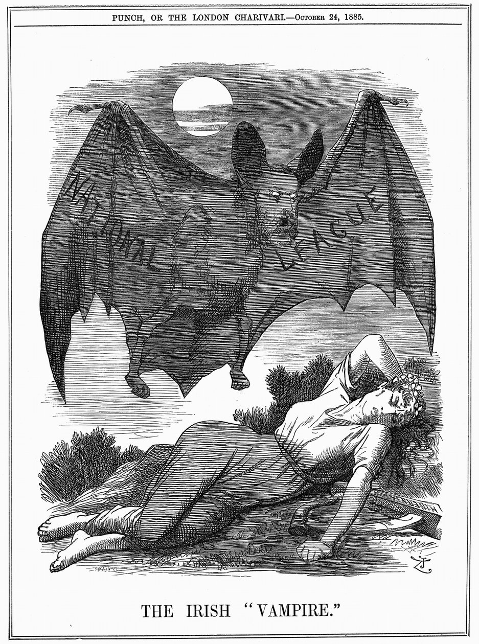 アイルランド国民連盟、チャールズ・スチュワート・パーネル（1846-1891）の顔は、アイルランドを食い物にする吸血鬼として描かれている。ジョン・テニエルの漫画、『パンチ・ロンドン』1885年10月24日号より。エングレーヴィング 作： ジョン・テニエル
