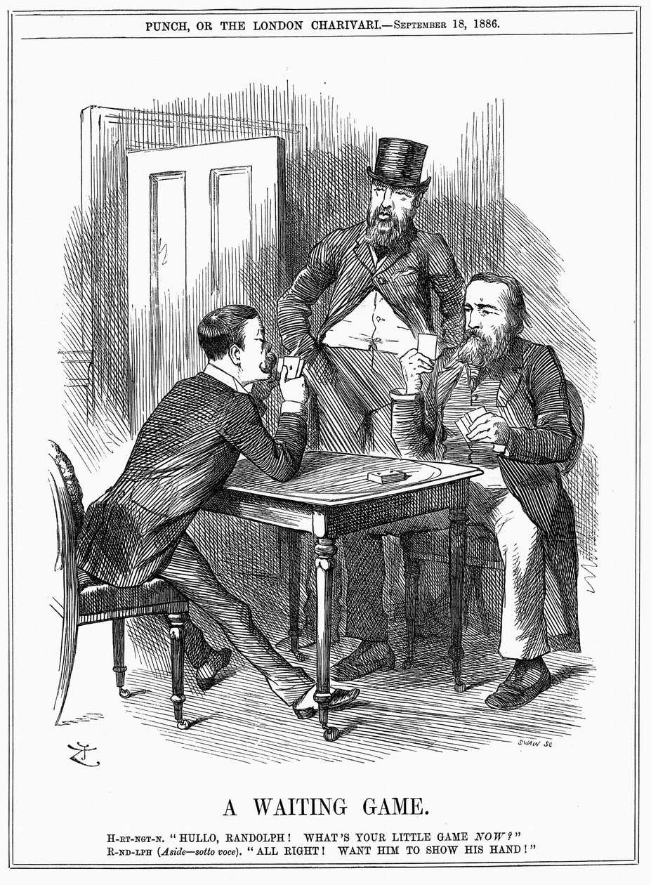 Lord Randolph Churchill (links) versucht Charles Stewart Parnell, irischer Politiker, dazu zu bringen, seine Karten zu zeigen und Churchill und Hartington wissen zu lassen, wie er die Parnelliten-Stimmen im Unterhaus einsetzen wird. John Tenniel Karikatur  von John Tenniel