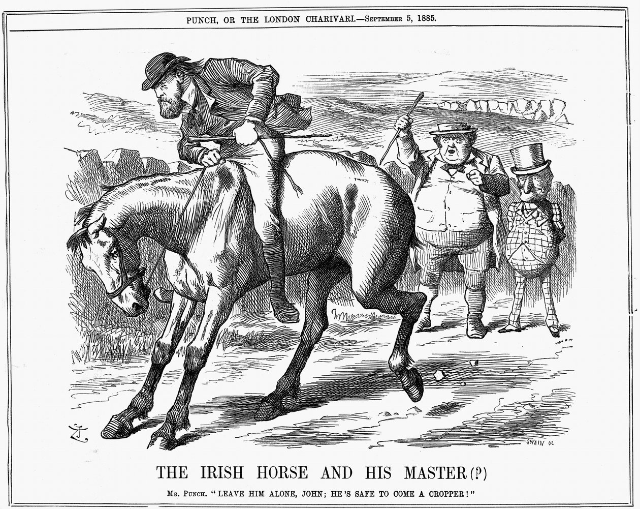 パンチ氏はジョン・ブルに、アイルランドの政治家チャールズ・スチュワート・パーネル（1846-1891）はアイルランドの馬に乗って痛い目に遭うから無視しろと言う。John Tenniel cartoon from Punch London 5 September 1885.エングレーヴィング 作： ジョン・テニエル