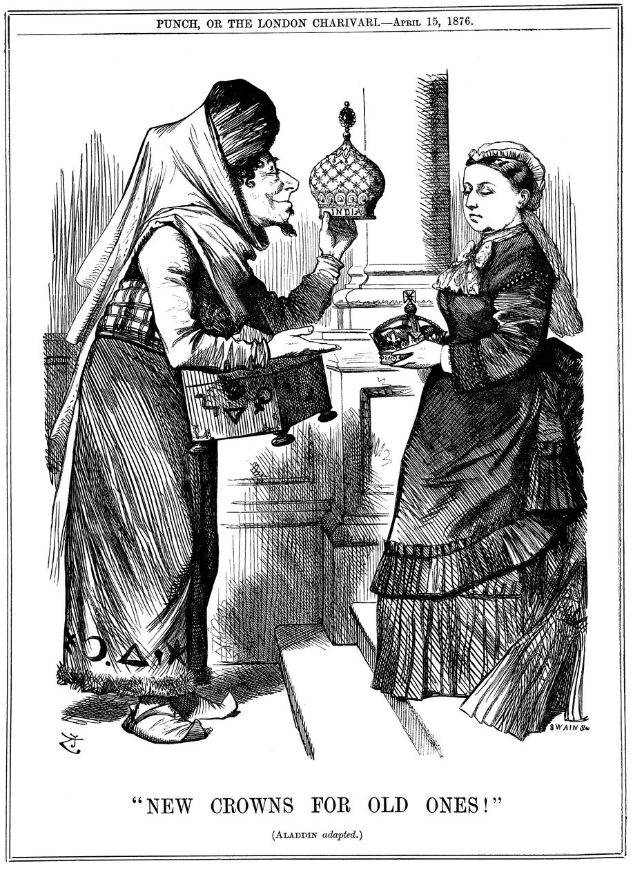 古い人のための新しい王冠！、1876年にビクトリア女王にインドの王冠を提供するベンジャミンディズレーリ 作： ジョン・テニエル