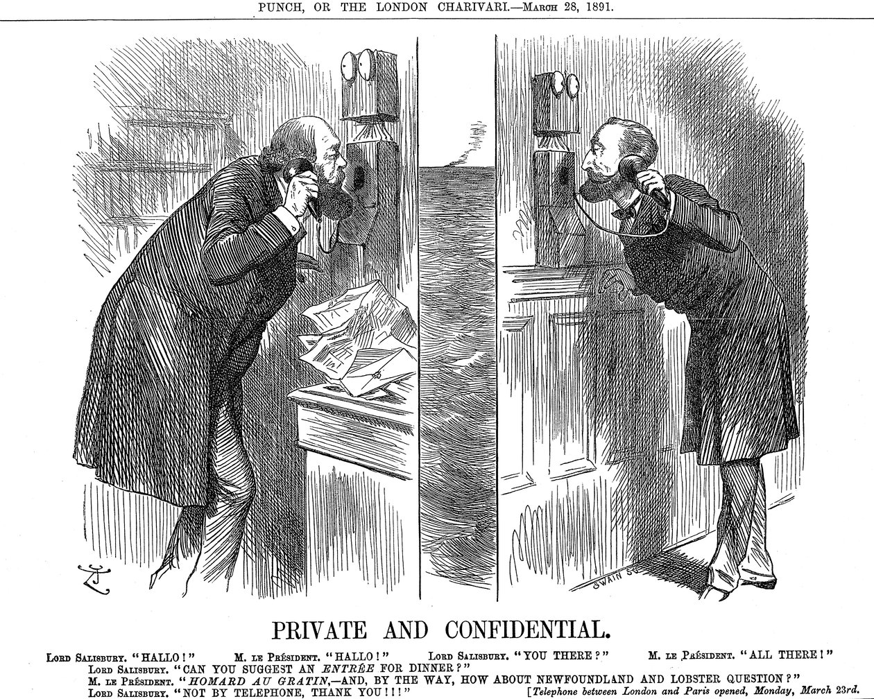 プライベートおよびコンフィデンシャル、英仏の電話回線の開設、1891年 作： ジョン・テニエル