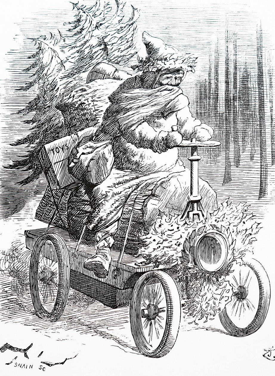 雪の中を疾走するサンタ。ジョン・テニエル（1820-1914）：イギリスのイラストレーター、グラフィック・ユーモリスト、政治漫画家 作： ジョン・テニエル