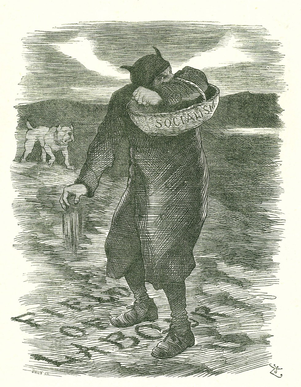 タレを蒔く。社会主義がイギリスの労働者の間で広まっていることを恐れて。1886年2月27日、ロンドンの『パンチ』に掲載されたジョン・テニエルの漫画。 作： ジョン・テニエル