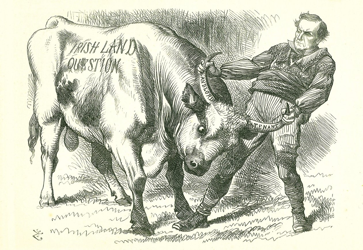 Taking the (Irish) Bull by the Horns:1870年2月15日に議会で可決され、7月8日にロイヤルアセントを得た法案。この問題に対処するウィリアム・グラッドストン首相。1870年2月26日、ロンドンの『パンチ』に掲載されたジョン・テニエルの漫画。 作： ジョン・テニエル