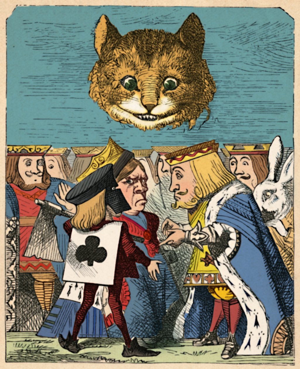 議論を交わしているレッドキングとクイーンを見下ろすチェシャ猫、1889年 作： ジョン・テニエル