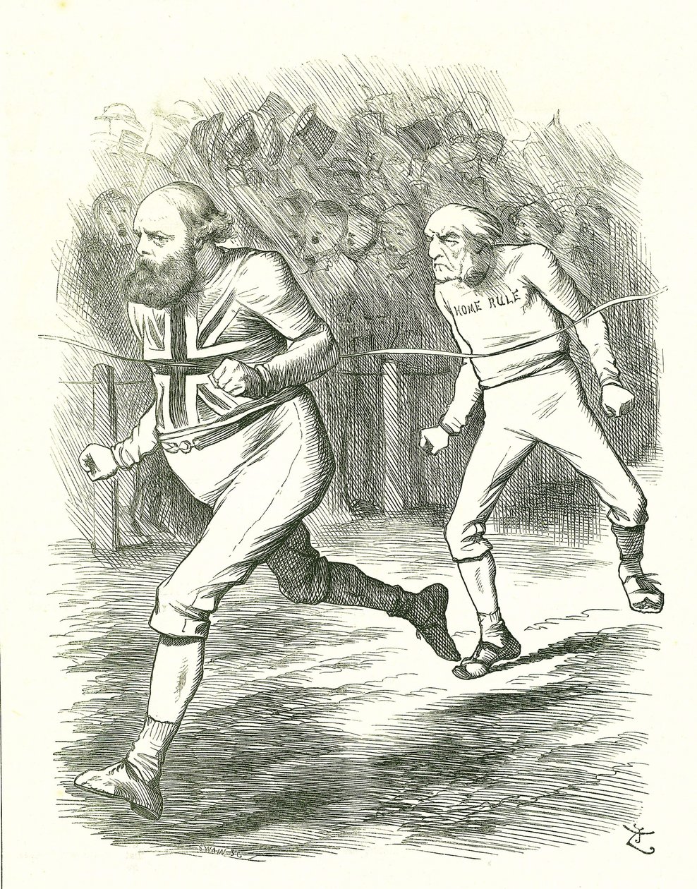 Das Ende: Parlamentswahl 1886. Gladstone (Liberale) ging wegen seines Home-Rule-Gesetzes für Irland ins Land. Salisbury (konservative Opposition) schlägt Gladstone ins Ziel. John Tenniel Karikatur aus Punch, London von John Tenniel