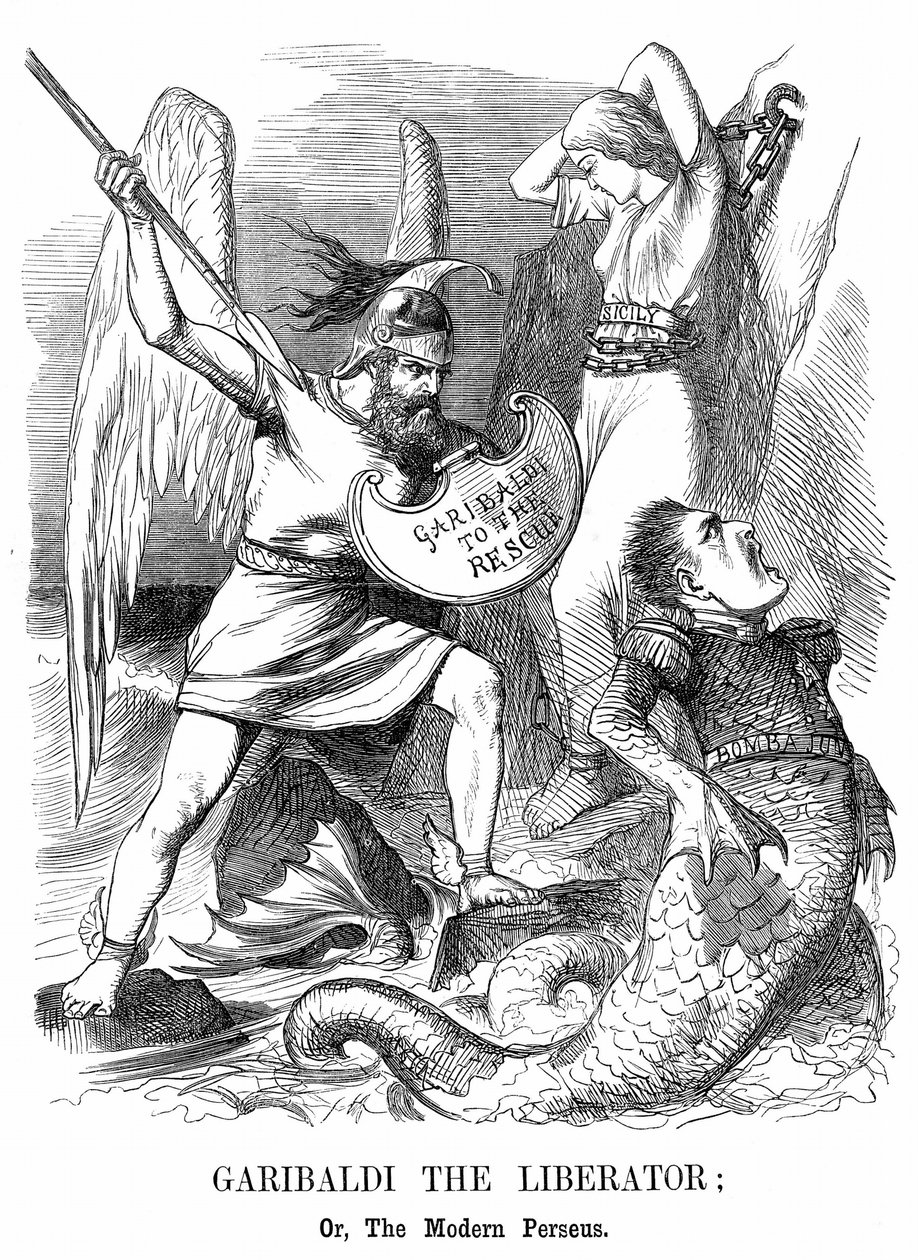 イタリアの統一。イタリアの愛国者ジュゼッペ・ガリバルディ（1807-1882）は、新イタリア王国のためにシチリアとナポリを征服した。ジョン・テニエルの漫画（ロンドンの「パンチ」より 作： ジョン・テニエル