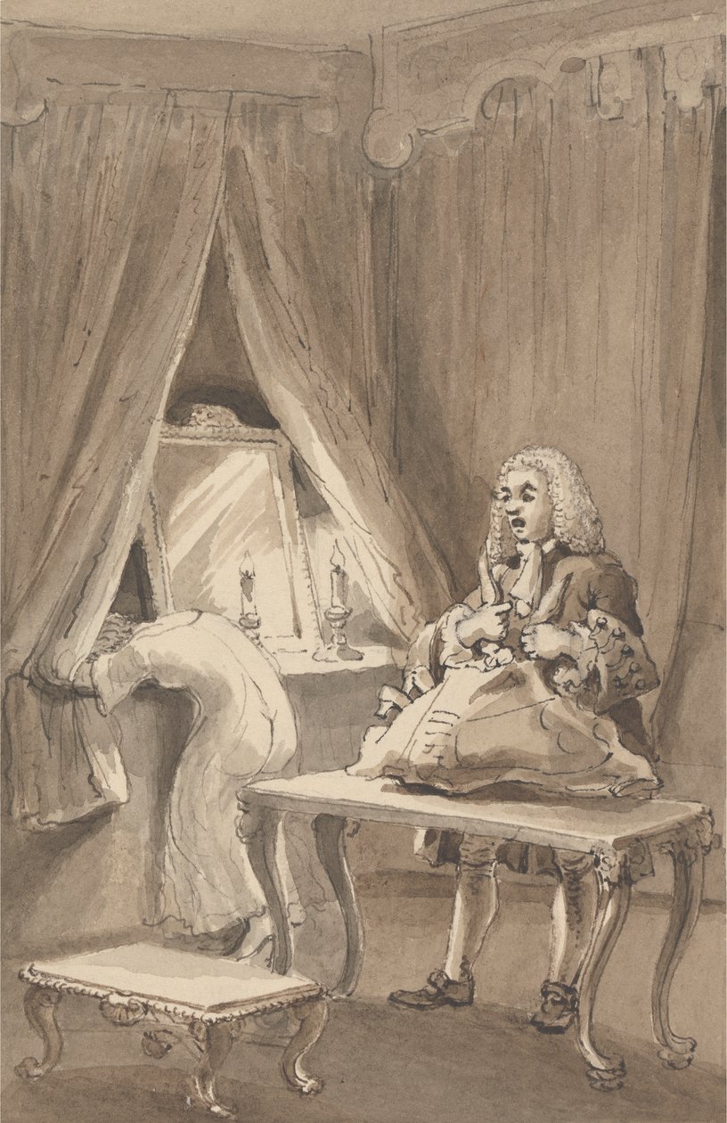 Hogarth, depois que sua esposa vestiu uma nova camisa de noite, amarrou suas coisas para enviar a Sir James Thornhill com uma carta na qual ele lhe disse: 