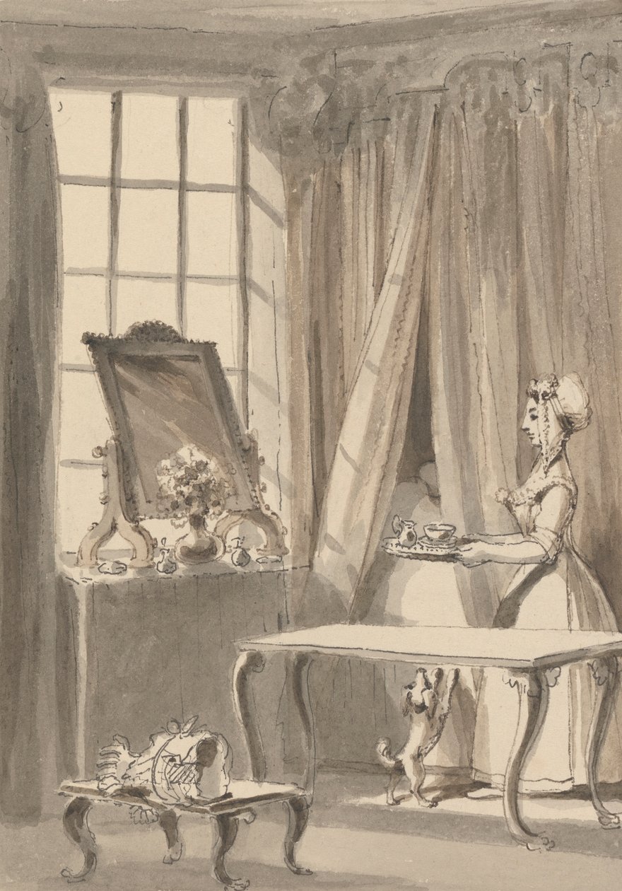 Hogarth preparou o café da manhã e enviou uma xícara para sua esposa ao mesmo tempo, ordenando que o cachorrinho fosse admitido no quarto de sua patroa 作： ジョン・トーマス・スミス
