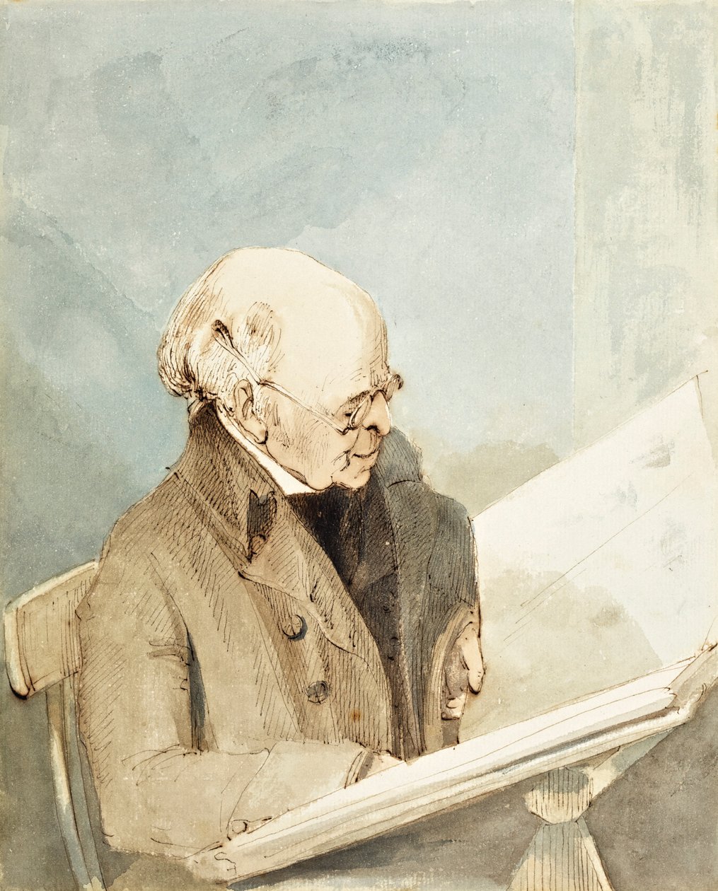 大英博物館の印刷室にいるヘイマンの弟子であるテイラー氏、1820年頃（トイレ、紙にペンとインク） 作： ジョン・トーマス・スミス