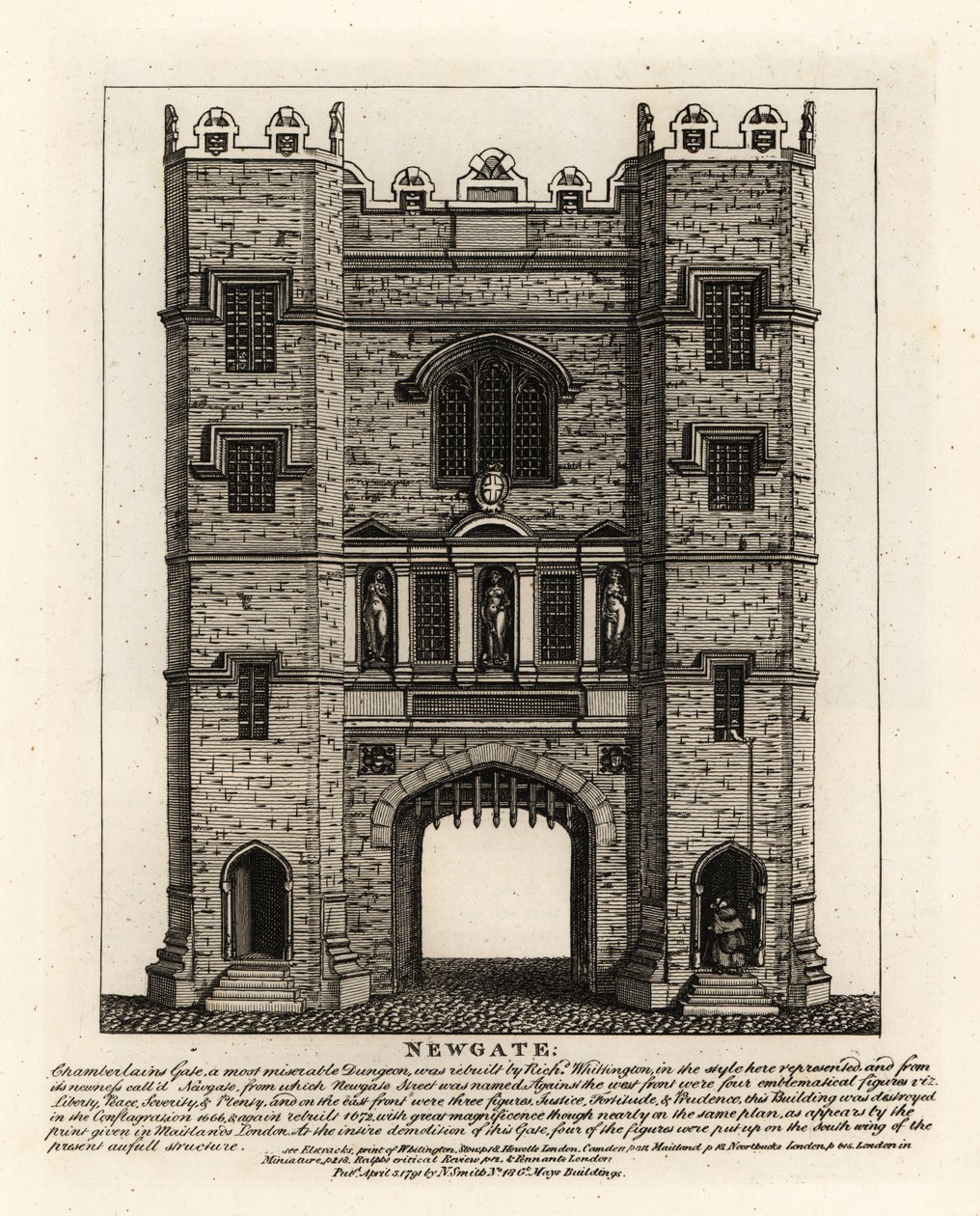 ロンドン大火の後、1672年に再建されたニューゲートには、ロンドン市長リチャード・ウィッティントンが建設した旧ゲートから、Justice（正義）、Fortitude（不屈）、Prudence（賢明）の3人の人物が配置されています。 作： ジョン・トーマス・スミス