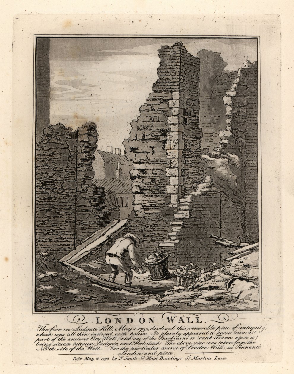 1792年5月の火災でLudgate Hillに露出したローマ時代のロンドン・ウォールの跡 作： ジョン・トーマス・スミス