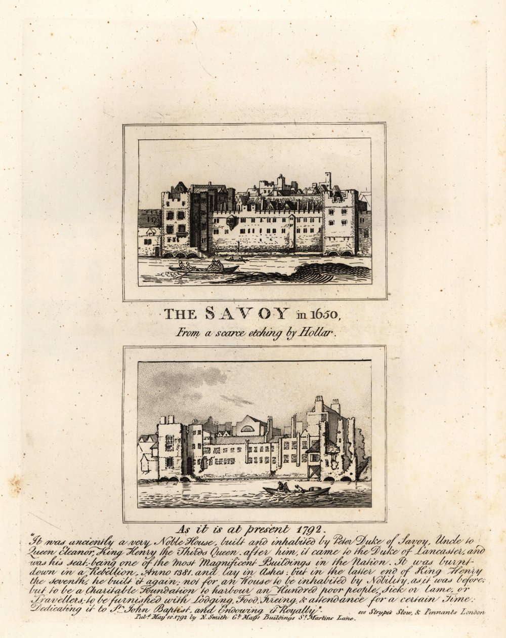 1650年のSavoy病院（Wenceslaus Hollarのプリントより）と1792年の廃墟の様子 作： ジョン・トーマス・スミス