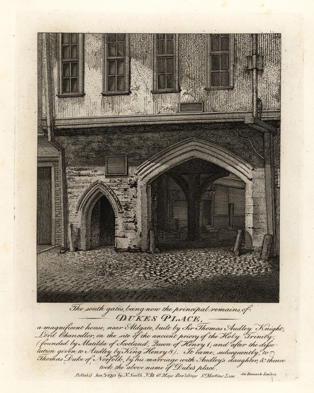 Sir Thomas Audley (1488-1544)がAldgateの近くに建てたDukes PlaceのSouth Gatesの跡。 作： ジョン・トーマス・スミス