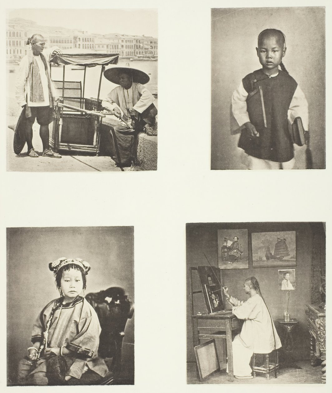 香港のセダンチェア、中国人の男子生徒、中国人の少女、香港の芸術家、c. 1868年。 作： ジョン・トムソン