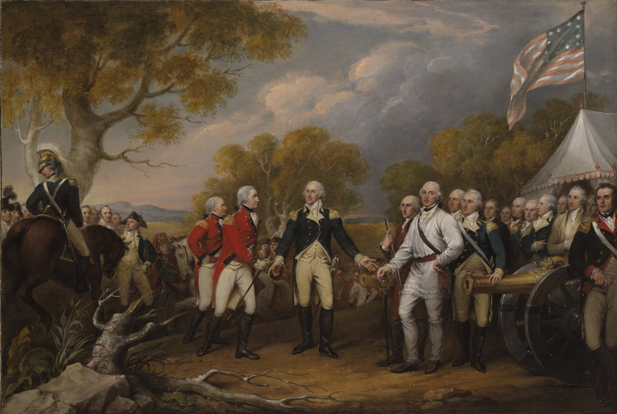 1777年10月17日、ホラティオゲイツ、サラトガの戦い、ジョンバーゴイン将軍がアメリカ将軍に降伏 作： ジョン・トランブル