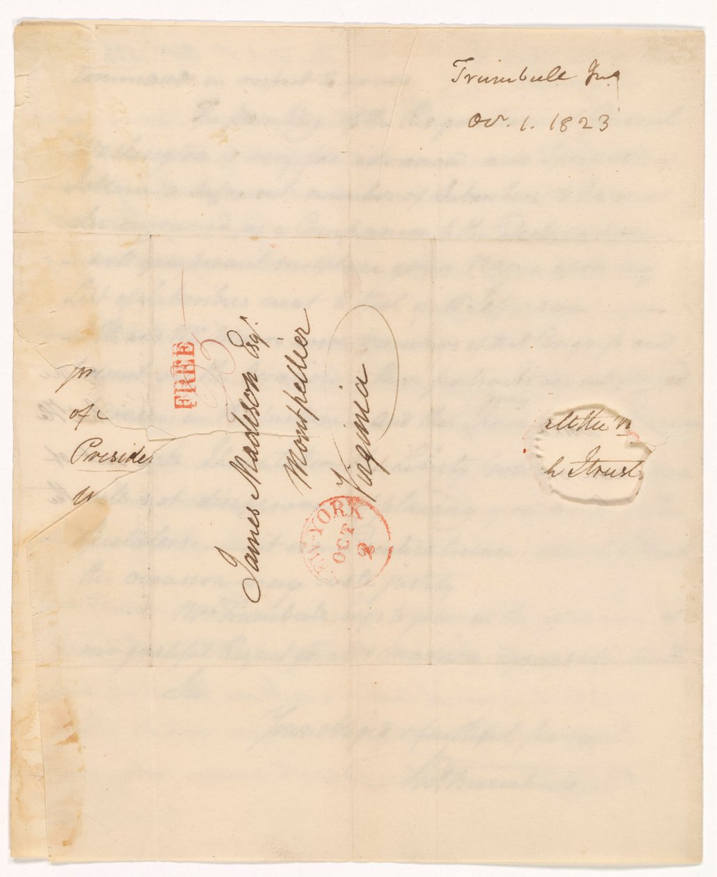 ジョン・トランブル (1756-1843) がマディソン大統領に宛てた 1823 年 10 月 1 日付の手紙 作： ジョン・トランブル