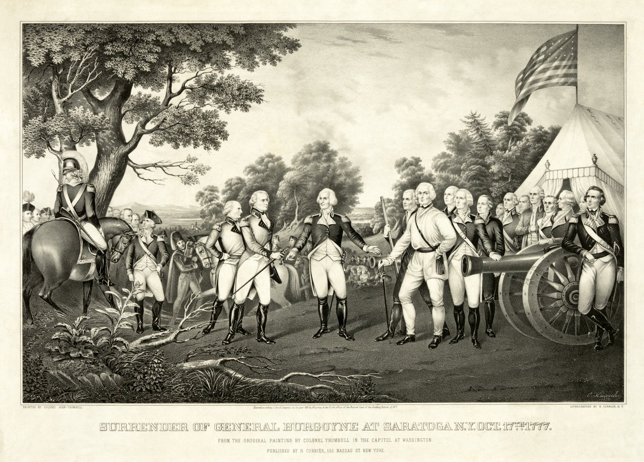 1777年10月17日、ニューヨーク州サラトガでのブルゴイン将軍の降伏、pub.N. Currier 作： ジョン・トランブル