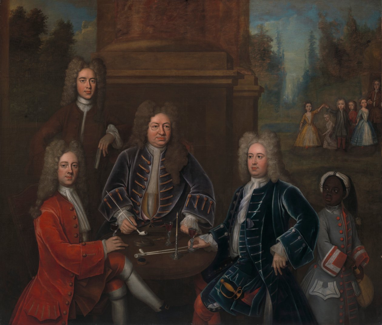 Elihu Yale com membros de sua família e uma criança escravizada 作： ジョン・ベレルスト