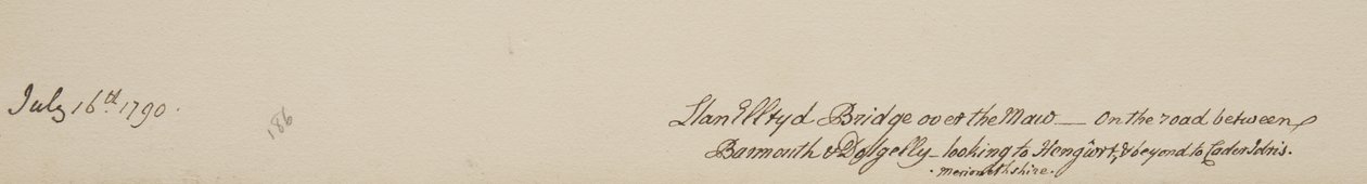 1790年7月16日、Mawに架かるLlanelltyd橋。バーマスとドルゲラウの間の道路にあり、Hengwrtを越えてMerionethshireのCader Idrisに向かっている。 作： ジョン・ワーウィック・スミス