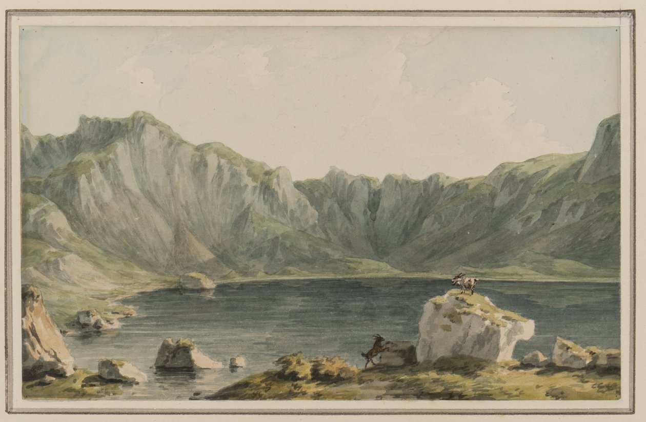 Llyn Idwal、カーナーボンシャーのLlyn Ogwenからのアプローチについて、1795年頃（紙にwc） 作： ジョン・ワーウィック・スミス