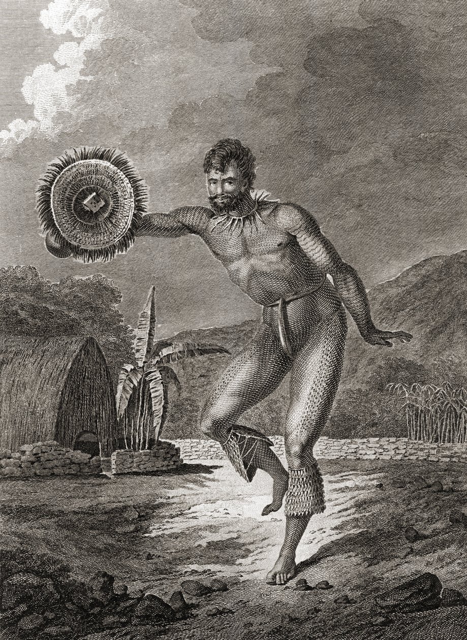 伝統的な衣装を着た刺青のダンサー、ハワイ、1778年 作： ジョン・ウェバー