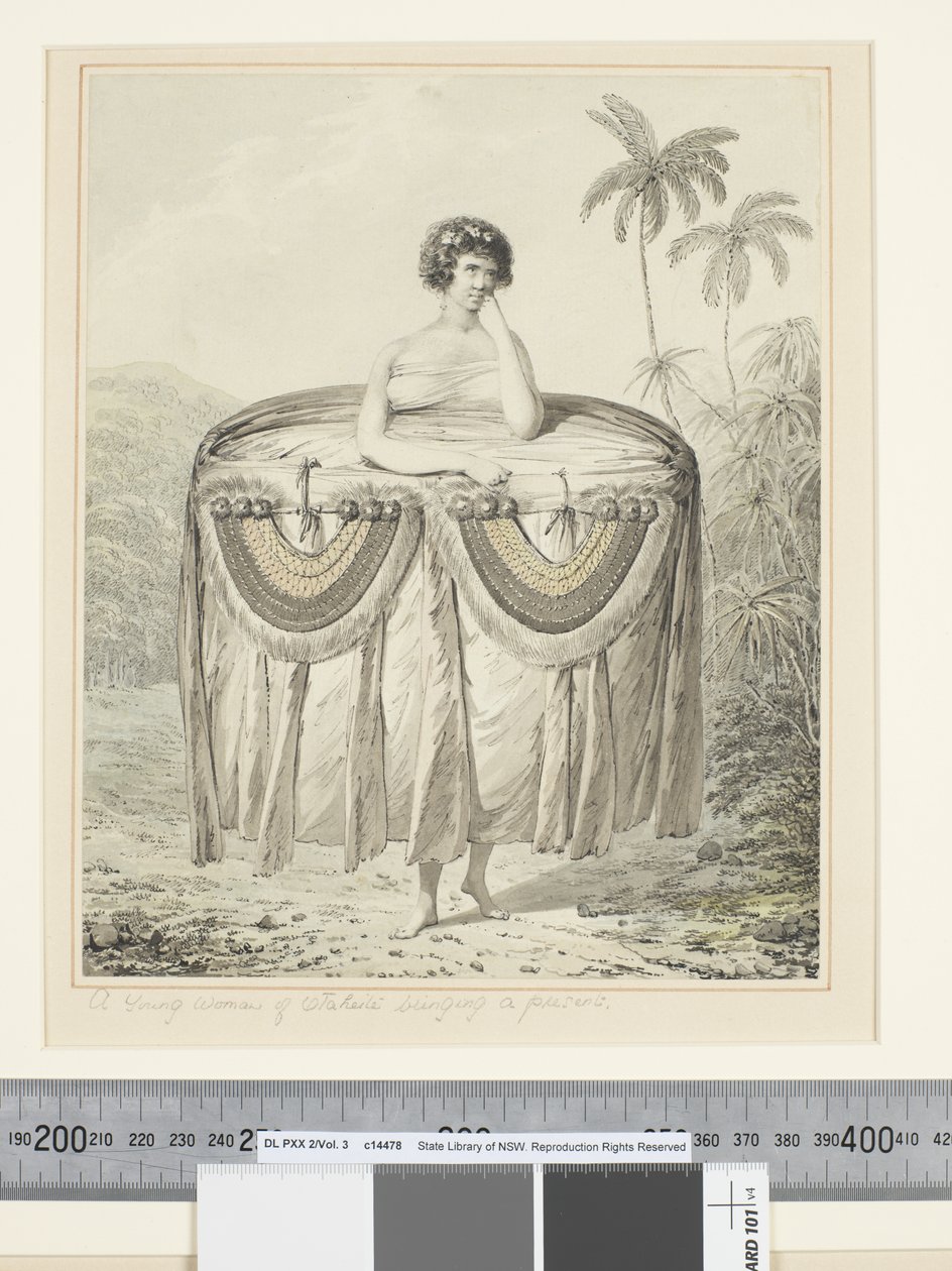 F.12 プレゼントを持ってくるオタヘイトの若い女性, 1773-84年頃（水彩画 作： ジョン・ウェバー