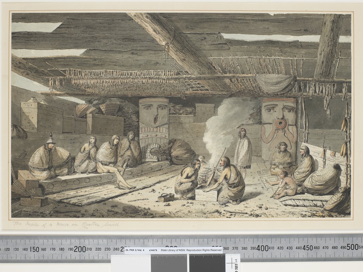 F.24ヌートカ湾の家の中、c.1773-84（水彩） 作： ジョン・ウェバー